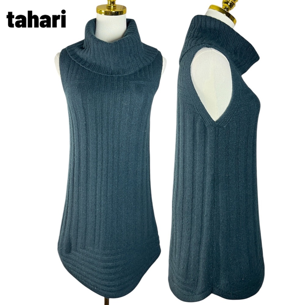 Tahari Sleeveless Turtleneck Sweater Dress Dark Teal Ribbed Midi Size M